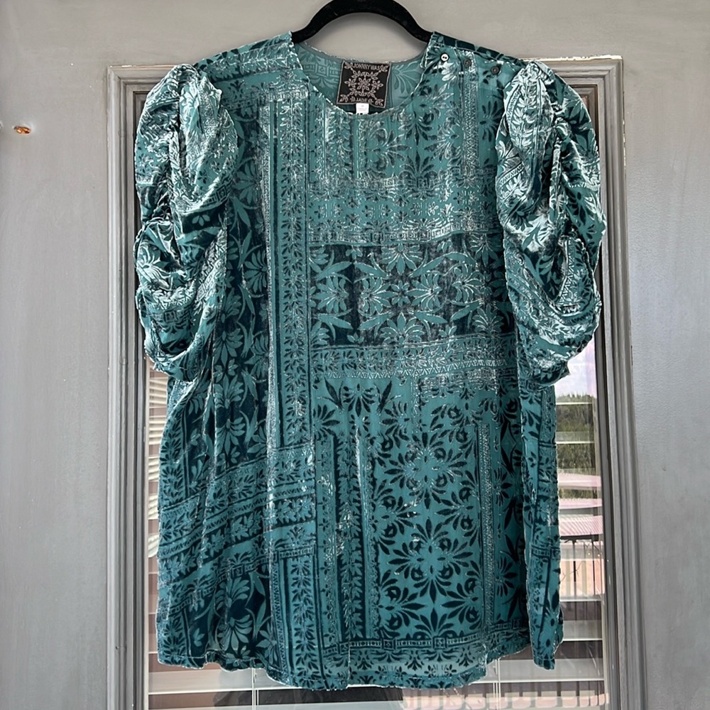 Johnny Was, size medium, teal velvet burnout blouse.